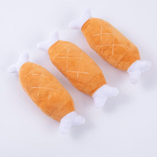 Bite-resistant plush bone toy with internal squeaker for interactive play