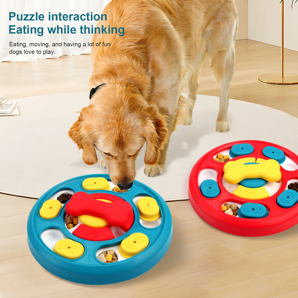 Dog puzzle toy with colorful sliders for treat training and problem-solving skills