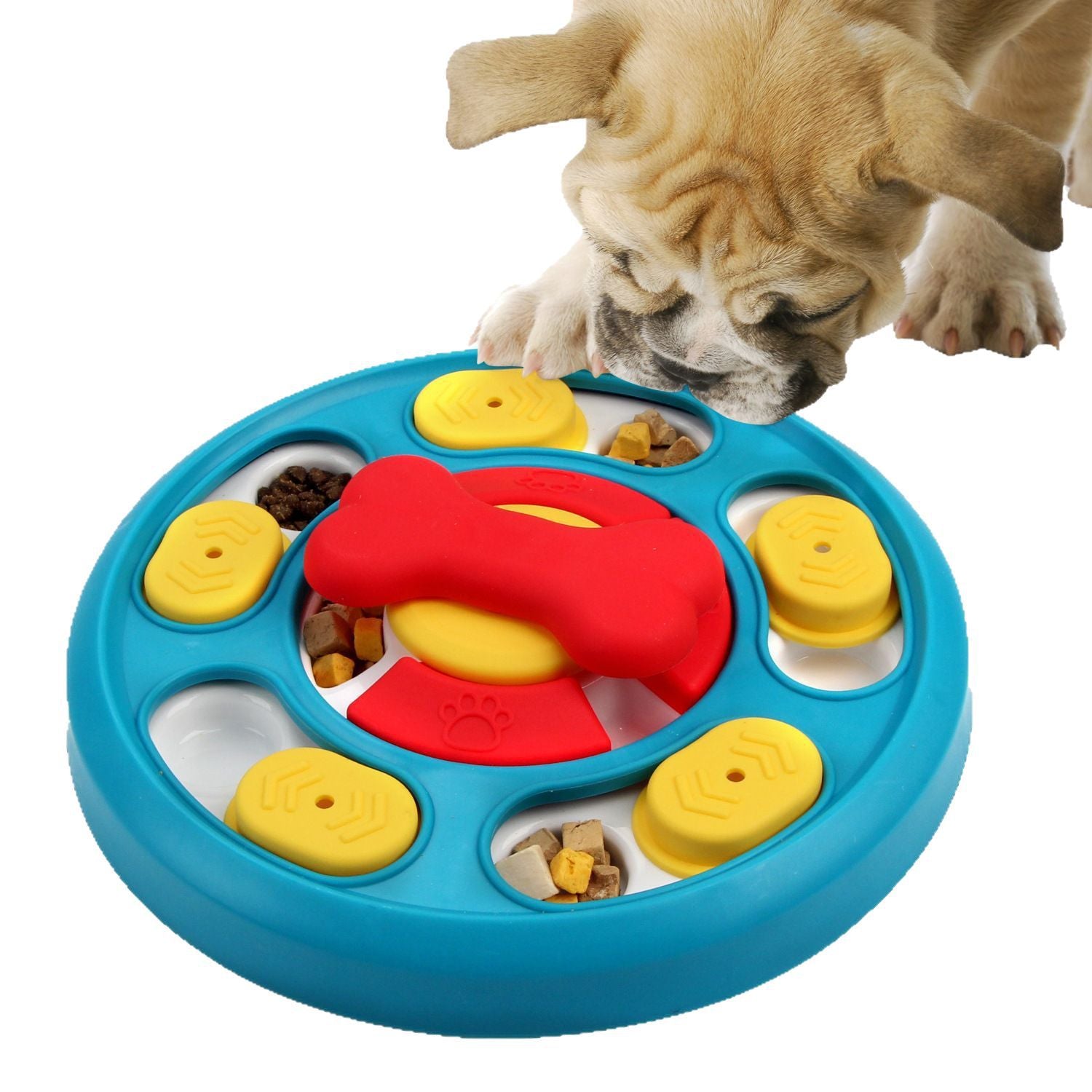 Dog puzzle toy with colorful sliders for treat training and problem-solving skills