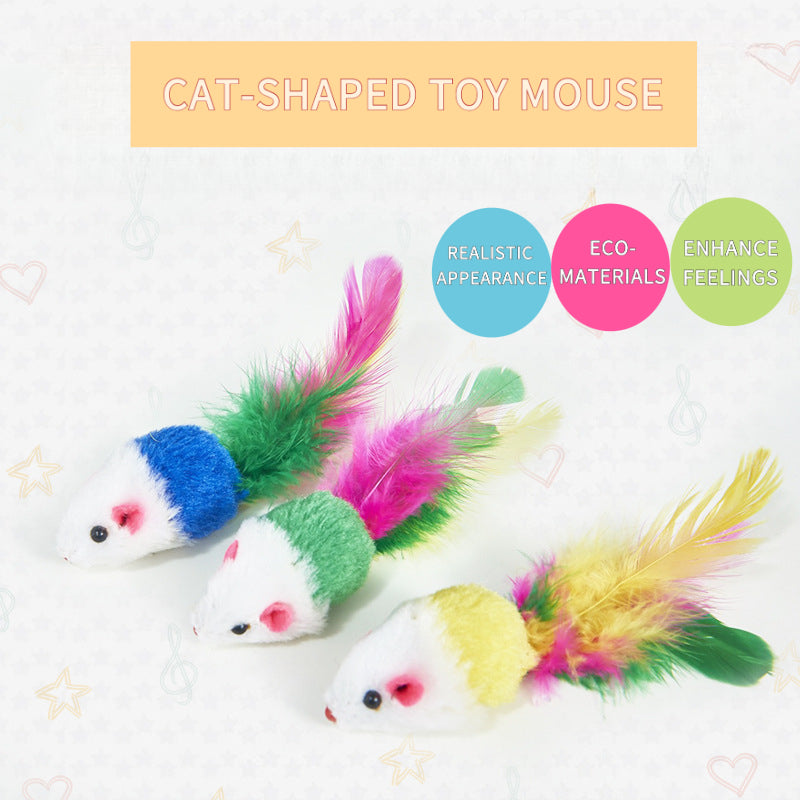 Assorted cat toy set with false mice and colorful feathers for hunting and chasing fun