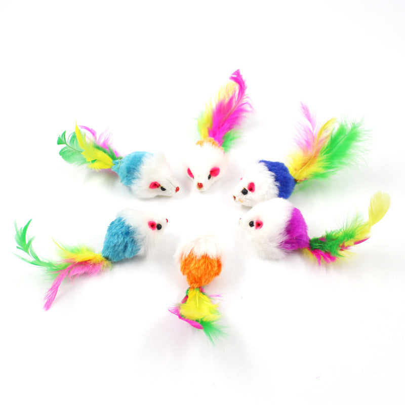 Assorted cat toy set with false mice and colorful feathers for hunting and chasing fun