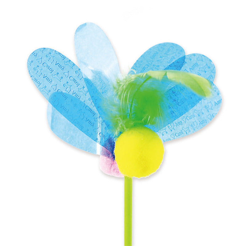 Flower-shaped cat teaser wand with flowing feather attachment for interactive play and exercise
