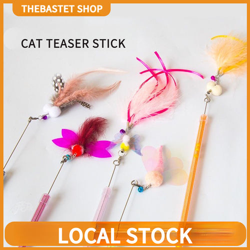 Golden fish retractable cat teaser wand with flowing iridescent ribbon tail for interactive play