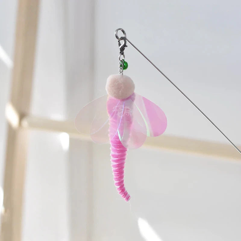 Golden fish retractable cat teaser wand with flowing iridescent ribbon tail for interactive play