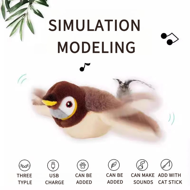 Electronic sparrow cat toy with realistic chirping sounds and mechanical wing flapping