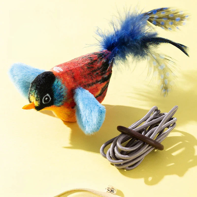 Electronic sparrow cat toy with realistic chirping sounds and mechanical wing flapping