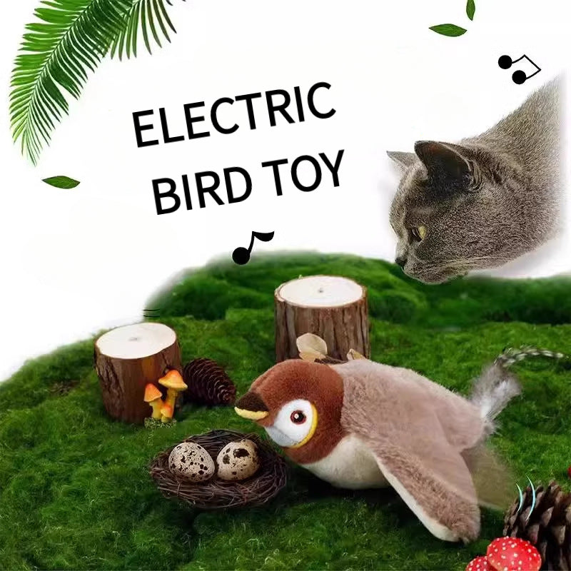 Electronic sparrow cat toy with realistic chirping sounds and mechanical wing flapping