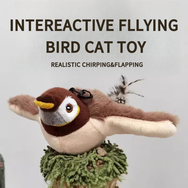 Electronic sparrow cat toy with realistic chirping sounds and mechanical wing flapping