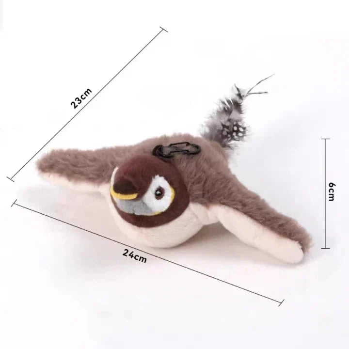 Electronic sparrow cat toy with realistic chirping sounds and mechanical wing flapping
