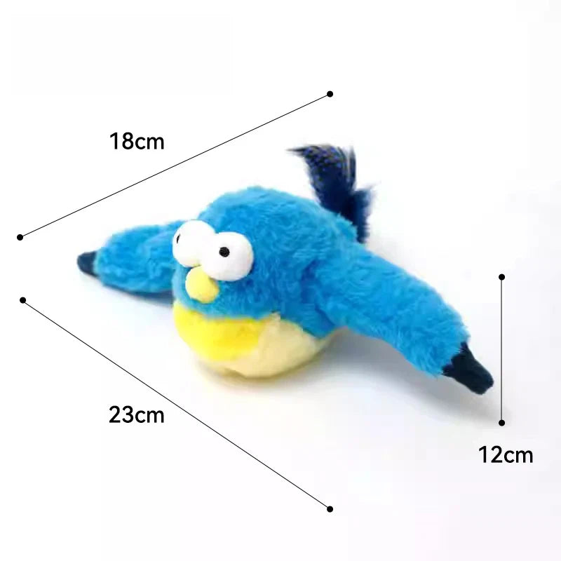Electronic sparrow cat toy with realistic chirping sounds and mechanical wing flapping
