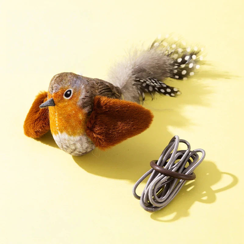 Electronic sparrow cat toy with realistic chirping sounds and mechanical wing flapping