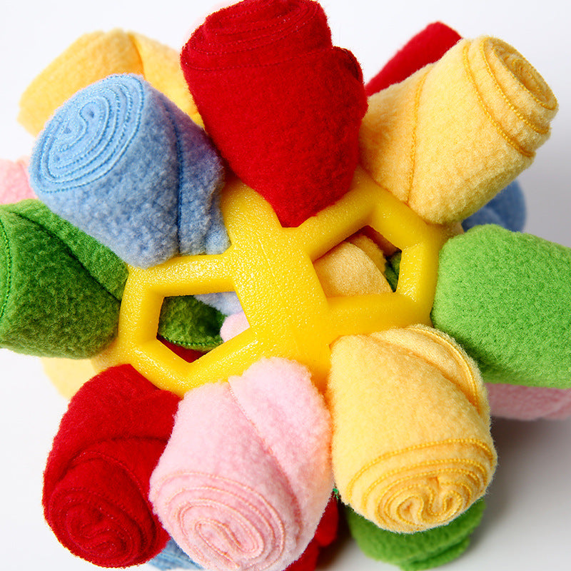 Interactive dog snuffle ball toy for foraging and mental stimulation with soft fleece

