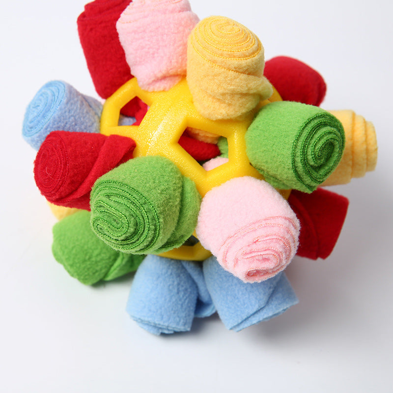 Interactive dog snuffle ball toy for foraging and mental stimulation with soft fleece