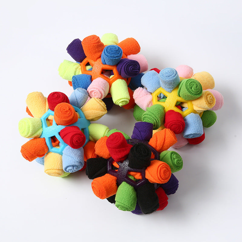 Interactive dog snuffle ball toy for foraging and mental stimulation with soft fleece