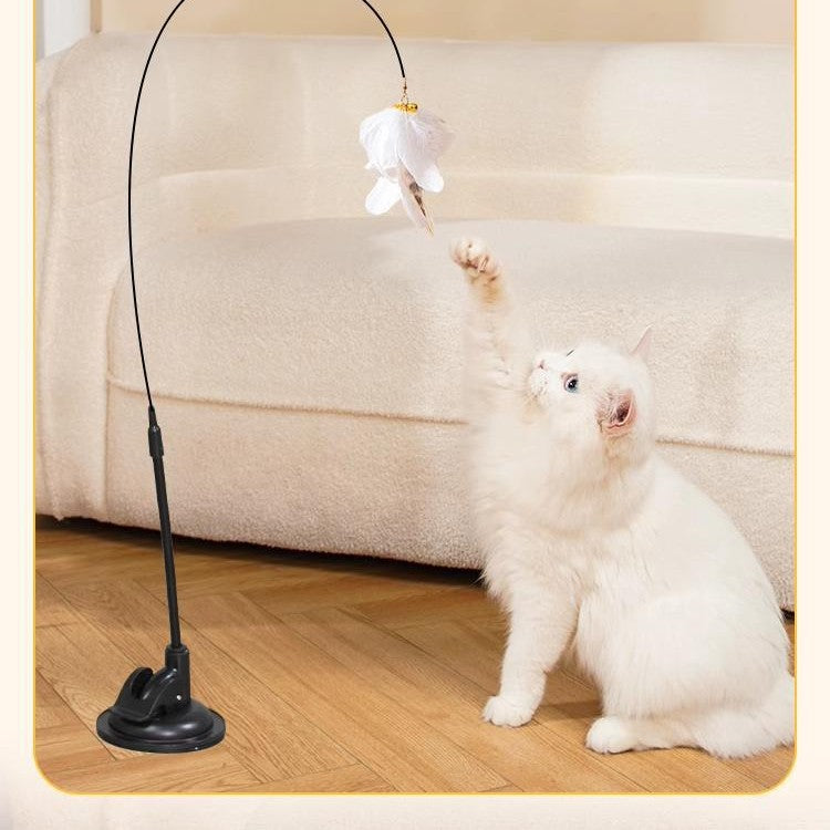 Hands-free cat teaser with suction cup for floor and window placement - mimics live prey